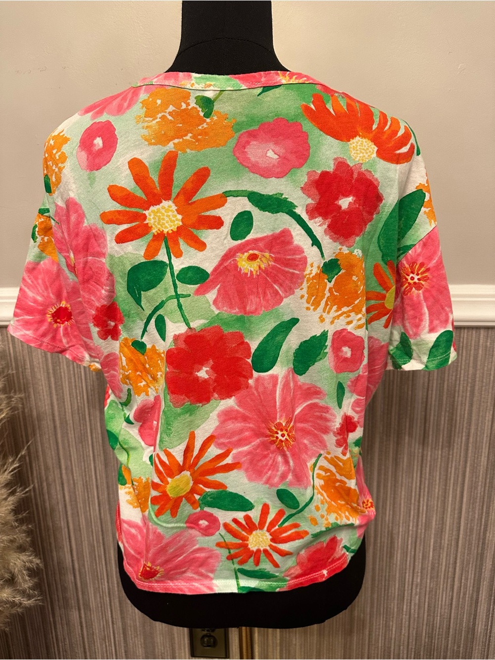 Zara Floral Watercolor Print Short Sleeve Tee Top White Pink Orange Green Sz L - Picture 3 of 5